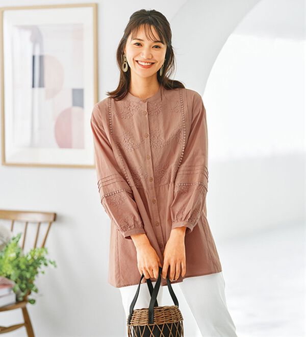 BELLUNA（ベルーナ）の「モチーフレースピンタック使いチュニック（チュニック）」｜ピンク