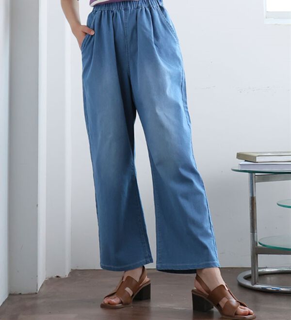 A HAPPY MARILYN（アハッピーマリリン）の「【Ｌ～８Ｌ】伸びるが正義「推し」デニムパンツ（フルレングスパンツ）」｜サックス(加工あり)