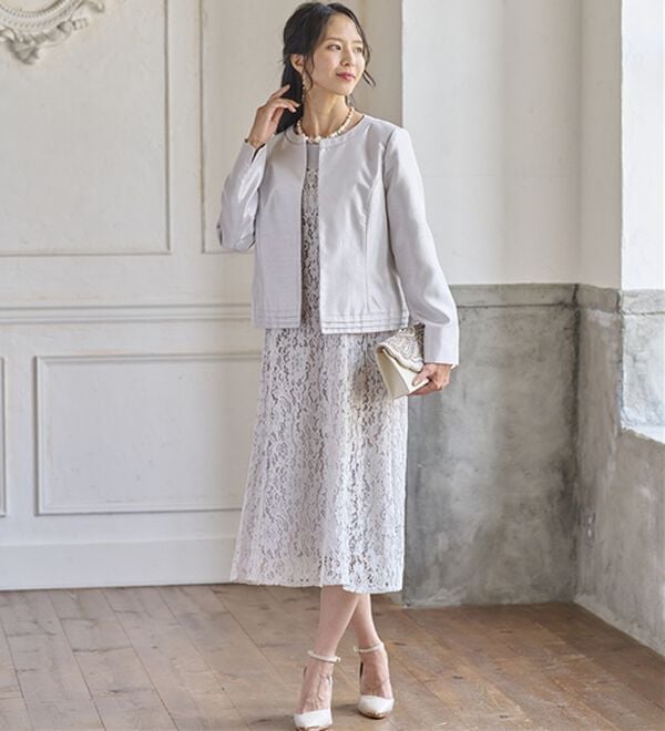 BELLUNA（ベルーナ）の「シャンタン素材ノーカラージャケットレースワンピースアンサンブル（ワンピースセットスーツ）」｜詳細画像
