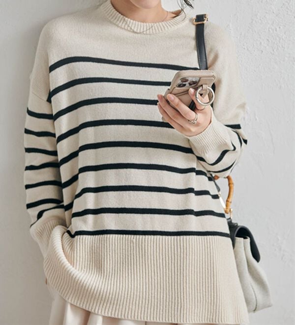 RANAN（ラナン）の「ワイドリブ使いカラーニットチュニック（ニット・セーター）」｜ボーダー（クルーネック）