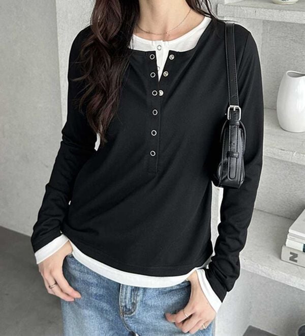 GeeRA（ジーラ）の「レイヤード風ヘンリーネックカットソー（カットソー）」｜ブラック