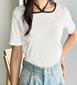 GeeRA（ジーラ）の「ホルターネック配色リブカットソー（カットソー）」｜オフホワイト