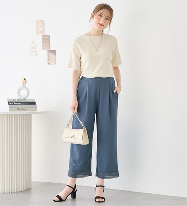 alotta（アロッタ）の「【４つの機能付】ひんやり裾レース楽ちんストレートパンツ（ワイドパンツ・ガウチョ）」｜詳細画像