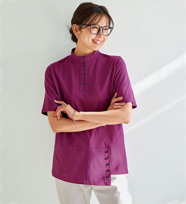 BELLUNA（ベルーナ）の「汗染み対策！綿１００％多ボタンハイネックＴシャツ（カットソー）」｜ラズベリー