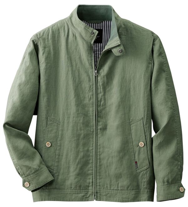 「＜コムルヴァン・オム＞さっと羽織れる麻１００％ライダースブルゾン（メンズジャケット）」｜スモーキーグリーン