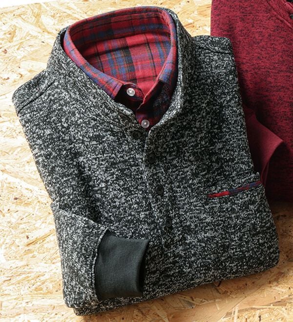 「暖かニットフリースダブル衿トレーナー（メンズトレーナー）」｜チャコール