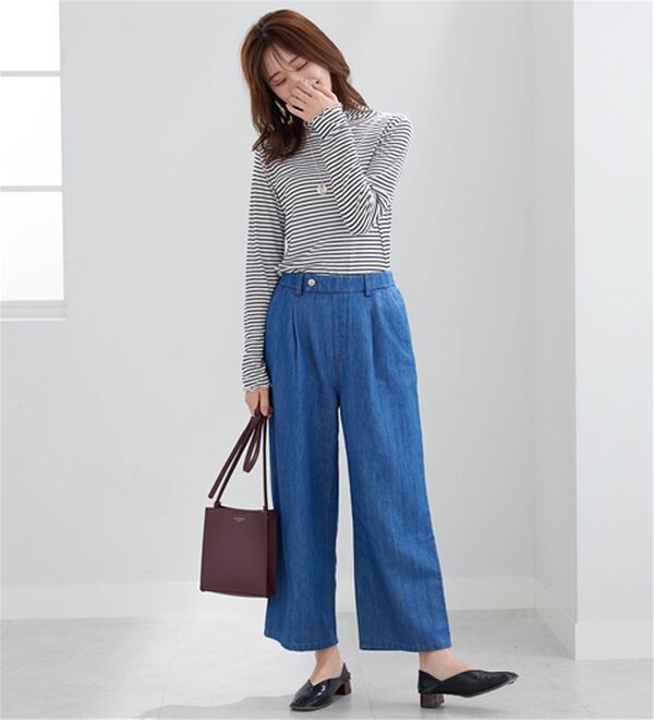 BELLUNA（ベルーナ）の「やわらかデニム素材ウエストタブパンツ（ワイドパンツ・ガウチョ）」｜詳細画像