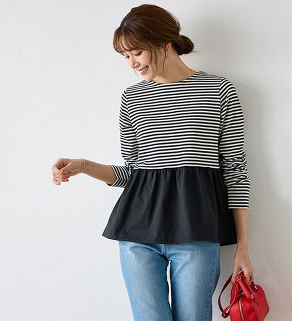 Pierrot（ピエロ）の「異素材ドッキングフリルギャザーペプラムカットソー（カットソー）」｜詳細画像