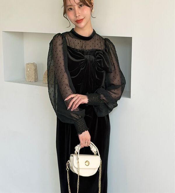 GeeRA（ジーラ）の「シアー＆リボンデザインベロアワンピース（フォーマルワンピース）」｜詳細画像