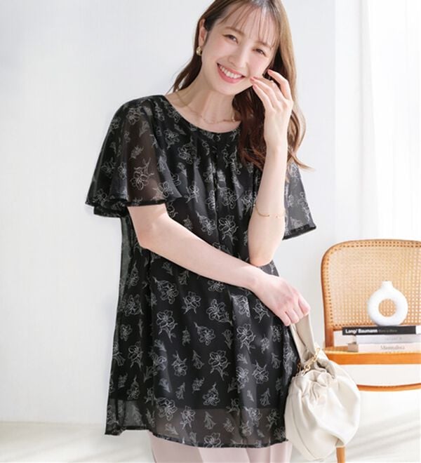 alotta（アロッタ）の「【接触冷感】インナー付シフォンタックチュニック（チュニック）」｜ブラック系花柄