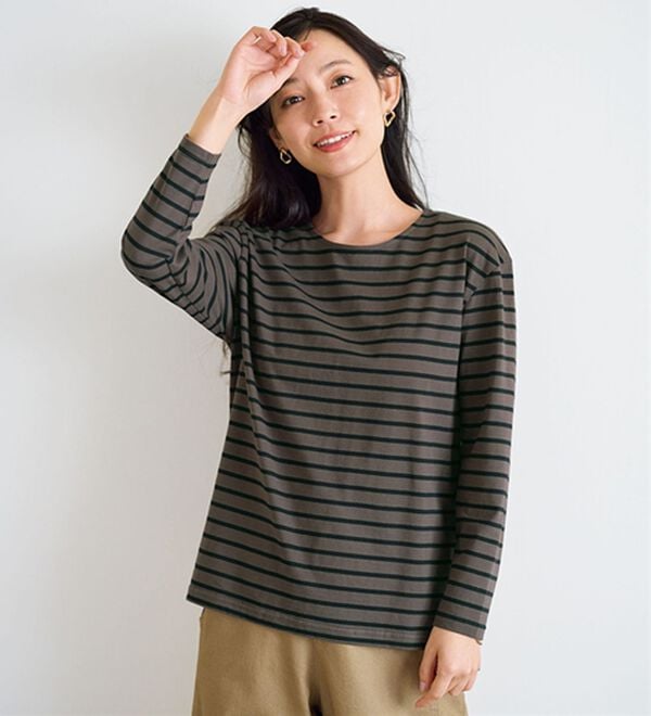 BELLUNA（ベルーナ）の「＜＆ｃｏｃｏｃｈｉ＞ハピネスコットン１００％しっかりボーダープルオーバー（カットソー）」｜モカ&times;黒