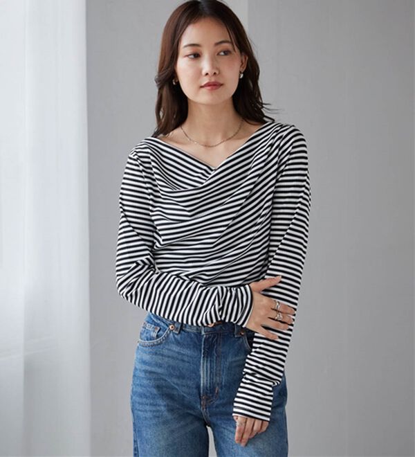 RANAN（ラナン）の「【春色追加】上品ドレープリブロングＴシャツ（カットソー）」｜詳細画像