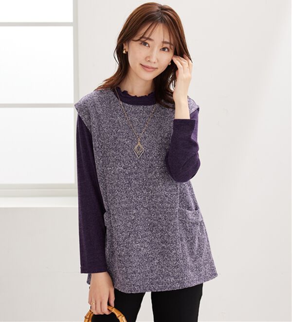 BELLUNA（ベルーナ）の「【2点セット】ブークレ素材ポケットデザインアンサンブル（アンサンブル）」｜パープル&times;パープル