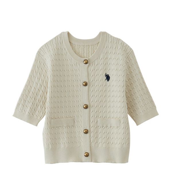 POLO RRL ローレンラルフローレン ケーブルニット 刺繍 金ボタン 半袖 U．S．POLO ASSN．＞ゴールドボタン半袖刺繍ケーブルニット