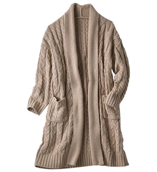 BELLUNA（ベルーナ）の「パッチワークケーブル柄ロングカーディガン（ニットカーディガン）」｜モカ