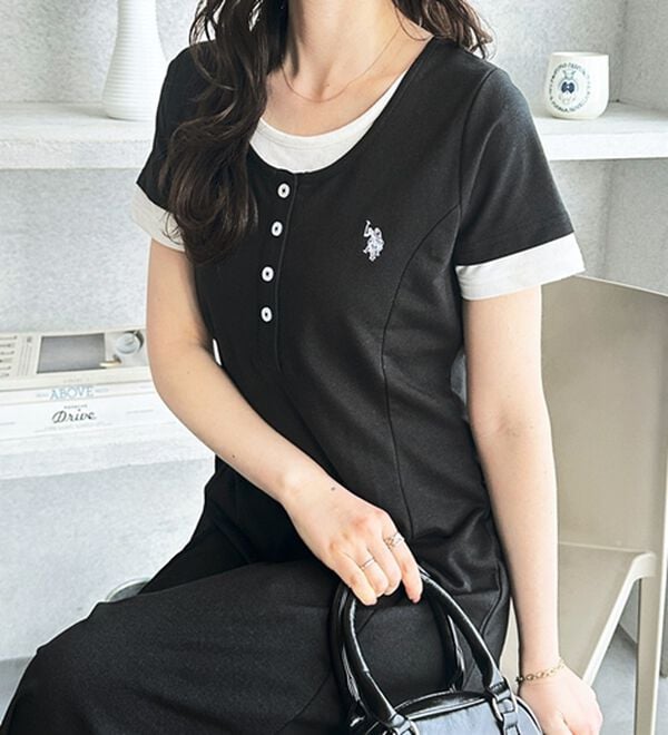GeeRA（ジーラ）の「【ＵＳ．ＰＯＬＯ．ＡＳＳＮ】レイヤード風ヘンリーネック半袖ワンピース（カットソーワンピース）」｜詳細画像