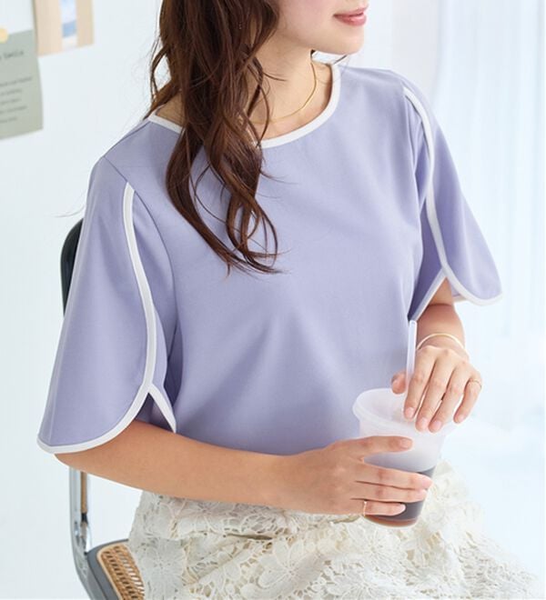 alotta（アロッタ）の「【４つの機能付】ひんやり配色デザインチューリップ袖Ｔシャツブラウス（ブラウス）」｜詳細画像