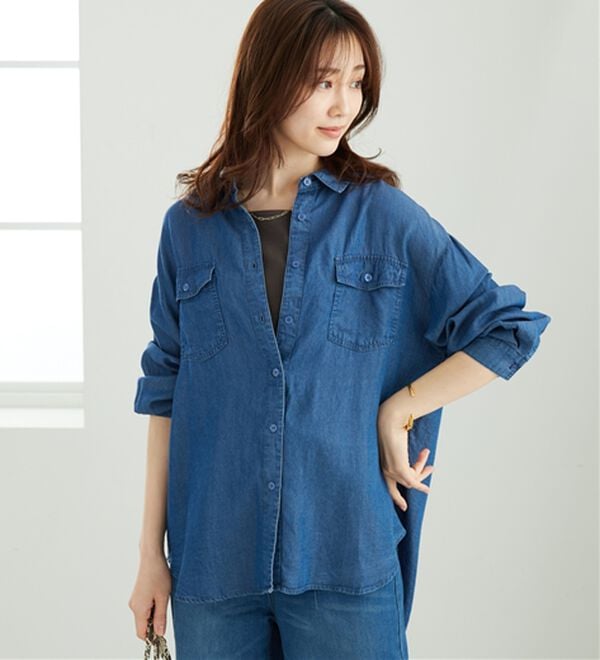BELLUNA（ベルーナ）の「デニム素材ポケット付ゆったりシャツ（チュニック）」｜詳細画像