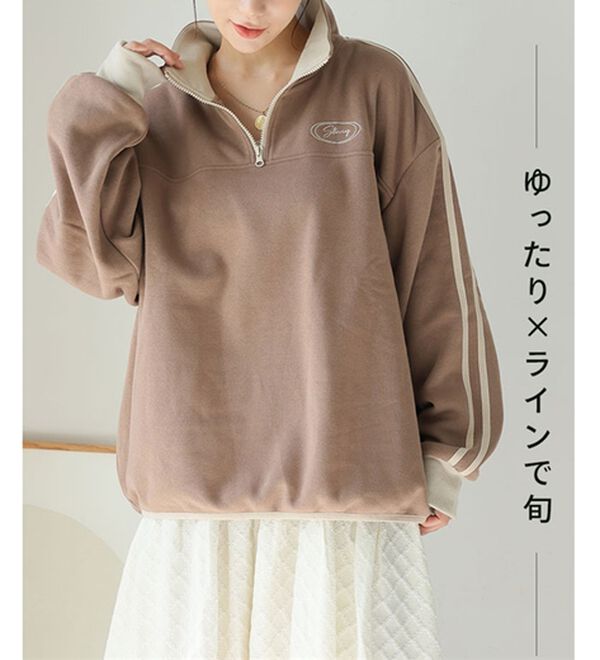 A HAPPY MARILYN（アハッピーマリリン）の「【Ｌ～６Ｌ】【ハピぽか裏起毛】ライン使いハーフＺＩＰスウェット 毛玉になりにくい（トレーナー・スウェット）」｜詳細画像
