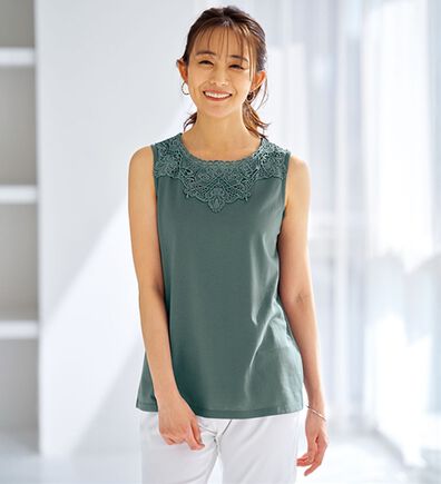 BELLUNA（ベルーナ）の「綿混素材脇汗対策レース重ねインナー（タンクトップ・キャミソール）」