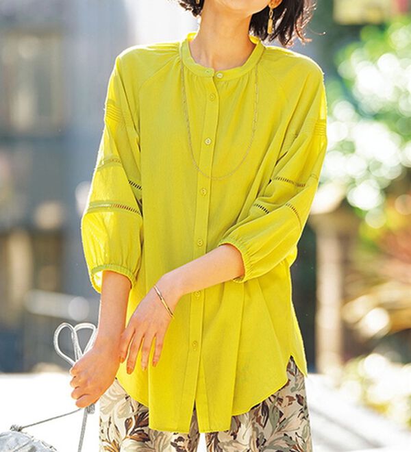 BELLUNA（ベルーナ）の「レーヨン混ビンテージ素材シャツチュニック（チュニック）」｜イエロー