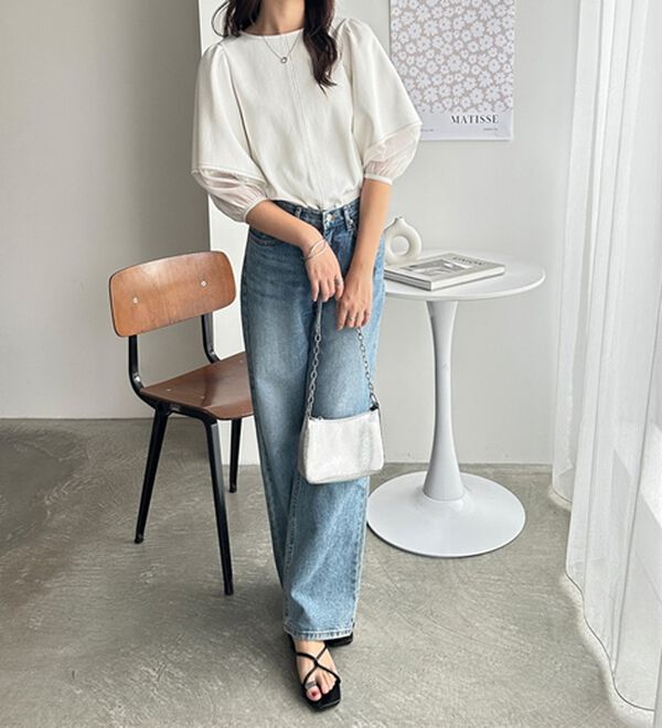 GeeRA（ジーラ）の「袖シアー切替ランタンスリーブトップス（カットソー）」｜詳細画像