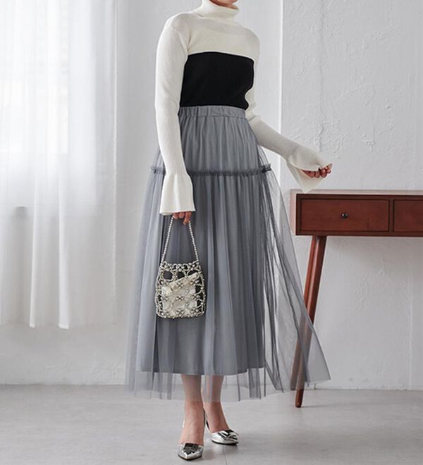 RANAN（ラナン）の「ふわっと可愛いフリルギャザーチュールスカート（ロングスカート）」｜詳細画像