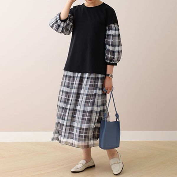 BELLUNA（ベルーナ）の「袖チェック柄切替プルオーバー（チュニック）」｜詳細画像