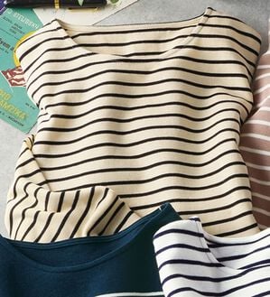 BELLUNA（ベルーナ）の「 ＜＆ｃｏｃｏｃｈｉ＞ハピネスコットン１００％ボーダープルオーバー（カットソー）」｜ベージュ&times;黒