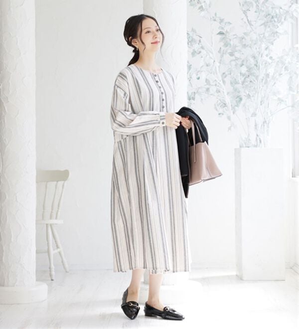 A HAPPY MARILYN（アハッピーマリリン）の「【Ｌ～６Ｌ】綿１００％さらりリラックス ゆったりシルエットのスッキリ柄 ストライプ マルチストライプコットンワンピ（ロングワンピース）」｜詳細画像