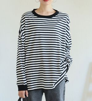 A HAPPY MARILYN（アハッピーマリリン）の「【Ｌ～８Ｌ】綿１００％！ゆったり袖リブＴシャツ（Tシャツ）」｜オフ&times;ブラック