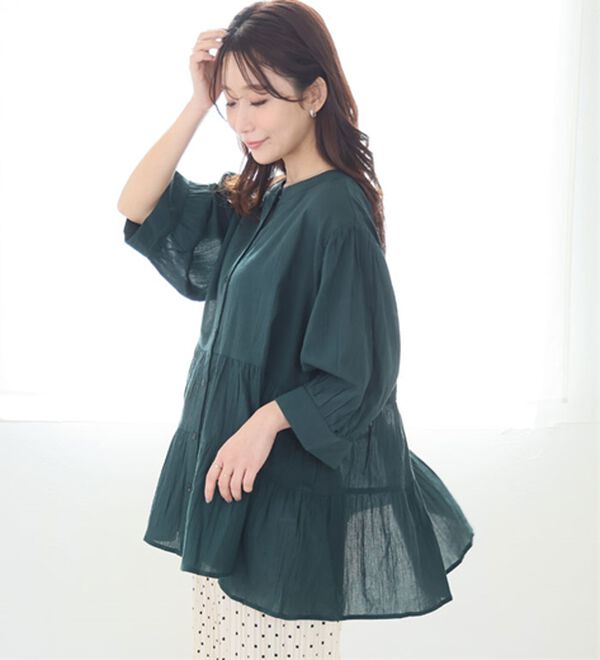 A HAPPY MARILYN（アハッピーマリリン）の「【Ｌ～６Ｌ】【風通るプレミアム】綿・楊柳七分袖ティアードブラウス（ブラウス）」｜詳細画像