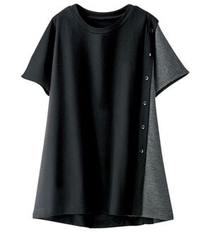 BELLUNA（ベルーナ）の「ボタン使い配色切替デザインチュニック（チュニック）」｜黒／杢グレー