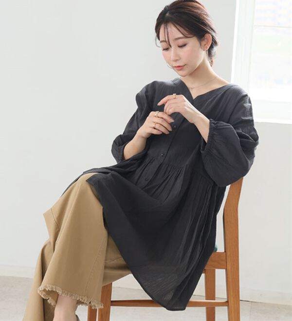 A HAPPY MARILYN（アハッピーマリリン）の「【Ｌ～６Ｌ】【風通るプレミアム】綿・楊柳、七分袖ウエストギャザーブラウス。（ブラウス）」｜詳細画像