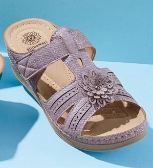 BELLUNA（ベルーナ）の「デニム調花モチーフミュール（サンダル・ミュール）」｜ラベンダー