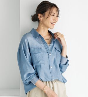 BELLUNA（ベルーナ）の「綿１００％リブ使いシアーデニムシャツ（シャツ）」｜ライトブルー