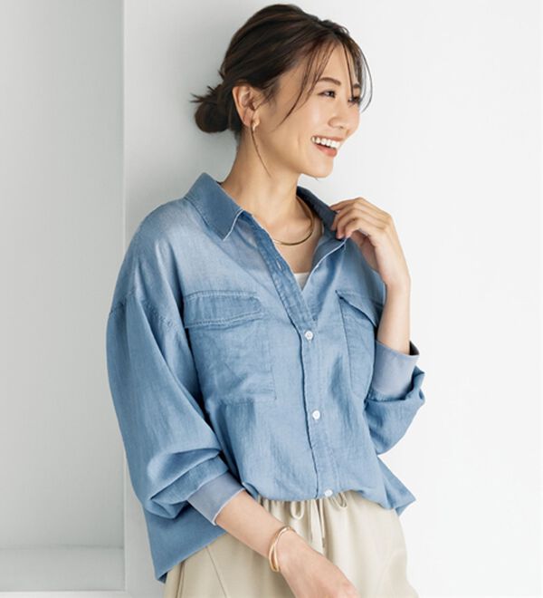 BELLUNA（ベルーナ）の「綿１００％リブ使いシアーデニムシャツ（シャツ）」｜ライトブルー
