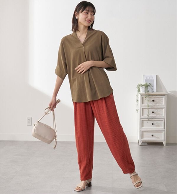 BELLUNA（ベルーナ）の「綿麻ダブルガーゼポッケギャザーパンツ（フルレングスパンツ）」｜詳細画像