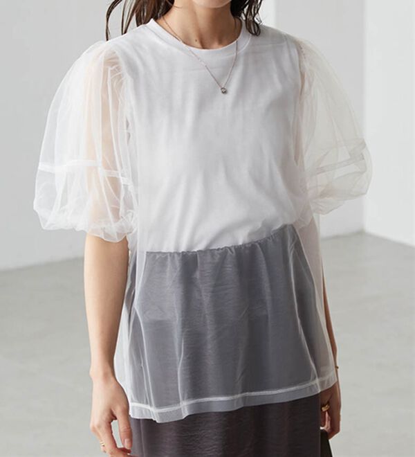RANAN（ラナン）の「【ひんやり】チュールレイヤードパフスリーブTシャツ（カットソー）」｜詳細画像
