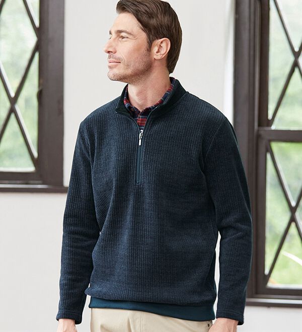 「裏ベロアのお洒落なダブル衿ハーフジップトレーナー（メンズカットソー）」｜詳細画像