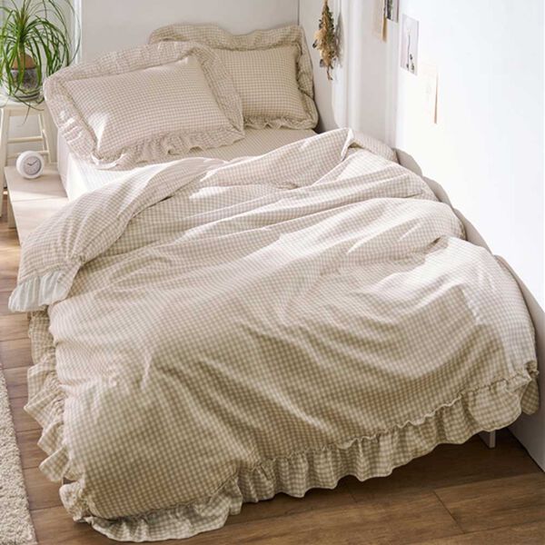 iellio（イエリオ）の「大人かわいいダブルフリル付布団カバーリング＜掛け布団カバー・ボックスシーツ・枕カバー・ずれにくい・オールシーズン・淡色＞（敷布団カバー・シーツ）」｜チェック