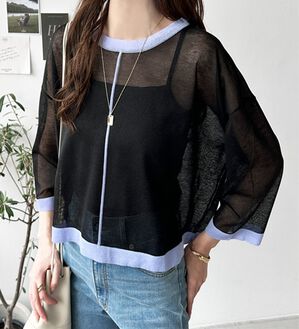 GeeRA（ジーラ）の「配色シアーニットトップス（ニット・セーター）」｜ブラック&times;ブルー