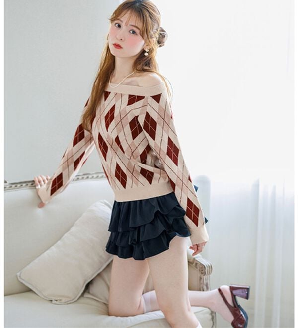 alotta（アロッタ）の「【Corie】アーガイル柄ワンショルボーダーニット（ニット・セーター）」｜詳細画像