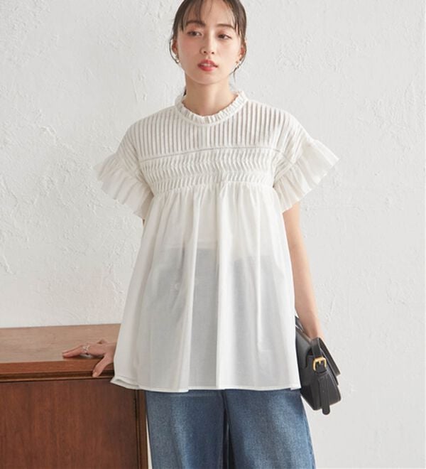 RANAN（ラナン）の「ピンタックフリルボイルブラウス（ブラウス）」｜ホワイト