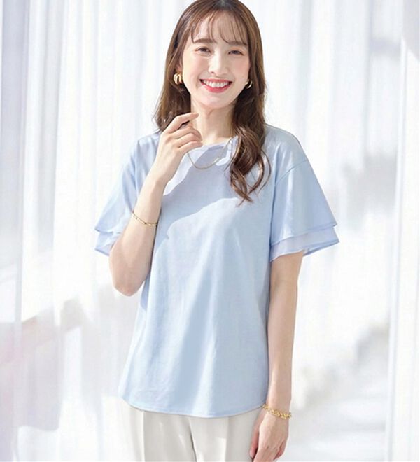 alotta（アロッタ）の「【接触冷感】＜丈が選べる＞袖口シフォンＴシャツチュニック（カットソー）」｜ラベンダーブルー／レギュラー丈