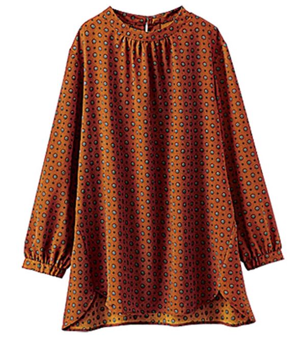 BELLUNA（ベルーナ）の「ギャザー使い小紋柄デザインブラウス（ブラウス）」｜テラコッタ系