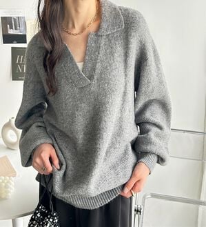 GeeRA（ジーラ）の「スキッパーポロ衿ニットトップス（ニット・セーター）」｜杢グレー