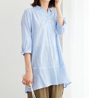 BELLUNA（ベルーナ）の「綿１００％ストライプ袖リボンチュニック（チュニック）」｜サックス系