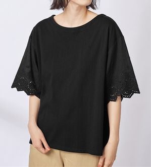 Viola e Viola（ヴィオラ エ ヴィオラ）の「綿１００％ 袖レース切替Ｔシャツ（Tシャツ）」｜ブラック