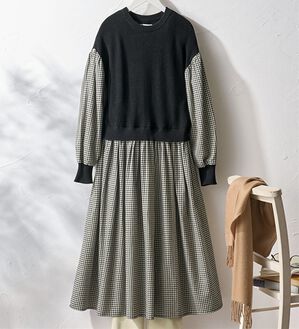 BELLUNA（ベルーナ）の「＜＆ｃｏｃｏｃｈｉ＞ニット切替チェック柄ワンピース（ドッキングワンピース）」｜ギンガムチェック